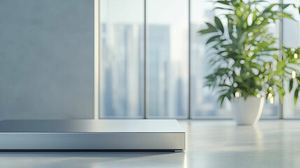 Modern Elegance Business Resource Allocation Display, sleek metal Podium, front view focus, complemented by a contemporary office setting with refined branding.