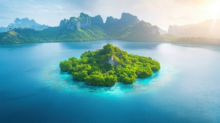 A chain of islands rising from the turquoise waters of the ocean, each with its own unique shape and character, surrounded by coral reefs teeming with life.