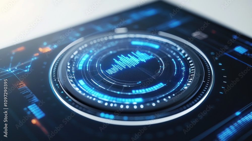 Aufkleber A futuristic interface displaying sound wave data and digital elements.