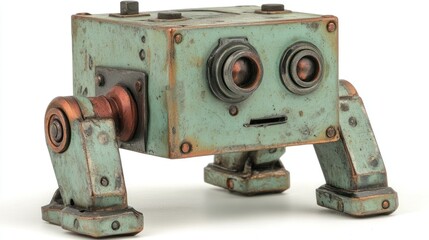 A weathered green metallic robot stands on a white background