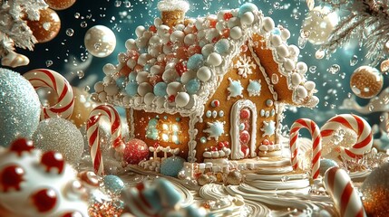 Festive gingerbread house with candy cane decorations in a winter wonderland