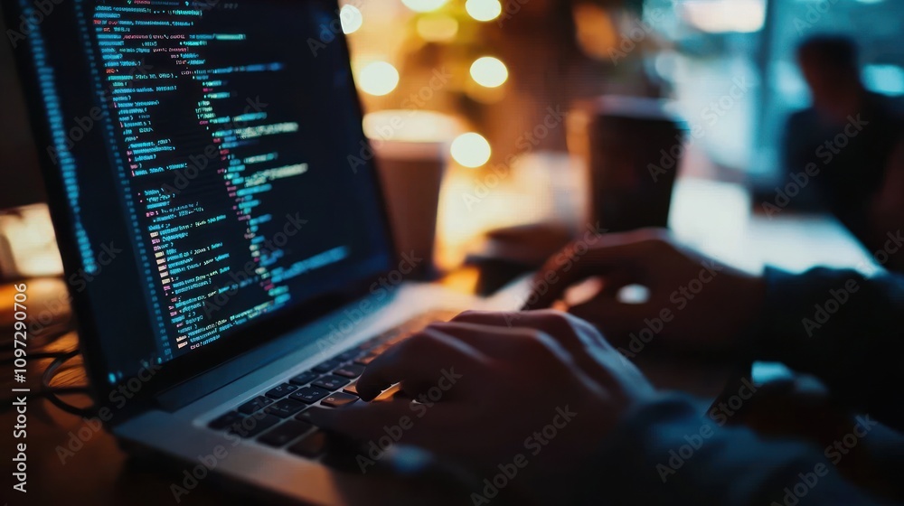 Poster A person coding on a laptop in a cozy environment with warm lighting.