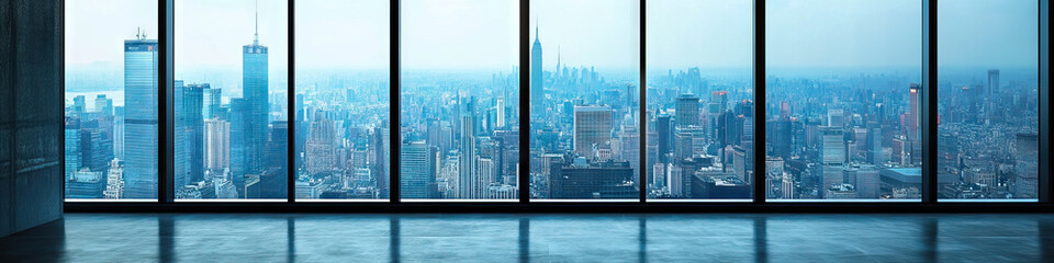 An empty office, with only a large window overlooking a bustling cityscape.