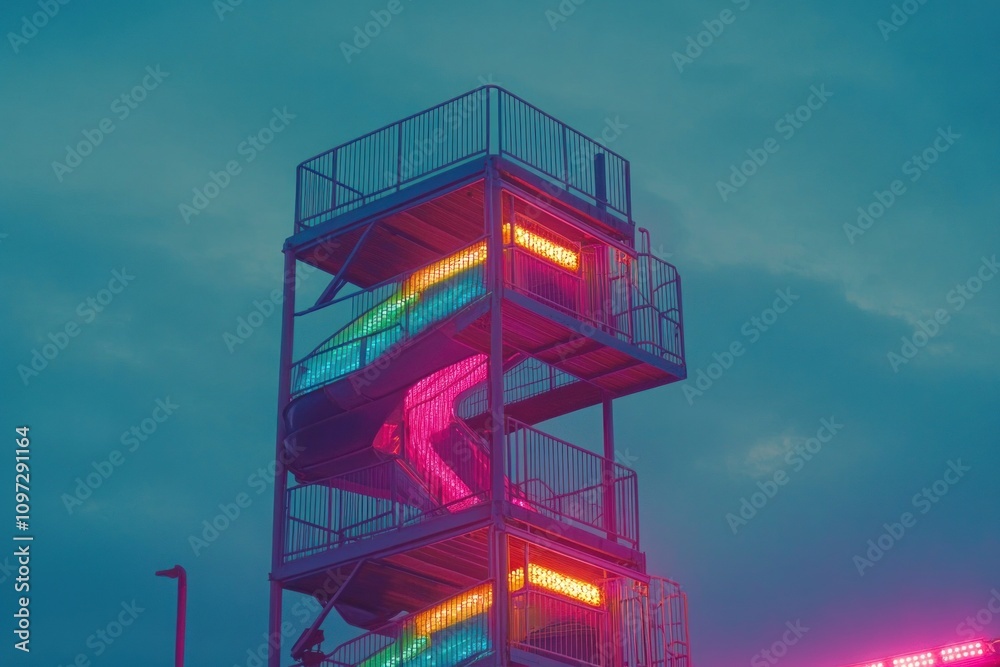 Aufkleber a colorful waterslide tower with neon lights against a moody sky.