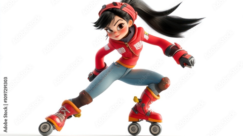 Poster a dynamic animated character on roller skates in a sporty pose.