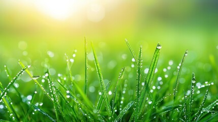 Obraz premium Fresh dewdrops on lush green grass morning mist nature scene tranquil landscape closeup view travel inspiration