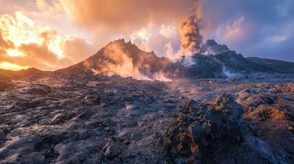 Volcanic eruption landscape, dynamic nature's fury, scenic viewpoint adventure, dramatic environment, gigapixel perspective
