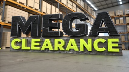 Bold 'Mega Clearance' text in a spacious warehouse with shelves stocked with boxes, emphasizing large sales and discounts.