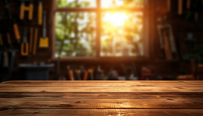 Equipment workshop background concept. A wooden table in a sunlit room, framed by a window, with a blurred background of greenery and tools, creating a warm, inviting atmosphere.