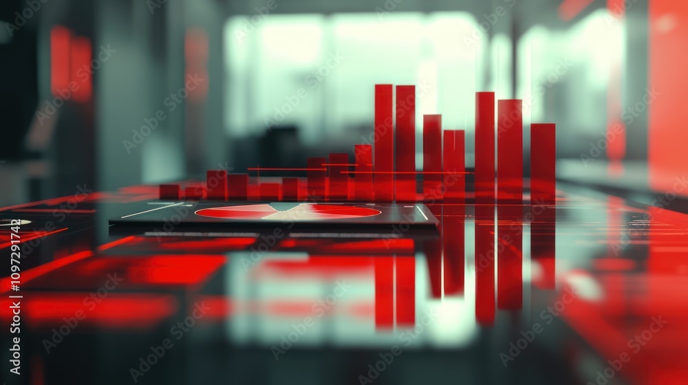 Poster A modern workspace featuring digital graphs and data visualization on a sleek surface.