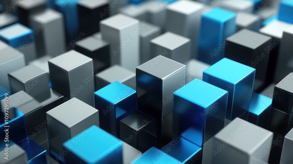 Poster A 3D abstract representation of urban structures with metallic blocks in varying shades.