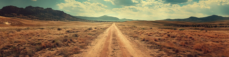 A dusty trail stretches through the sparse landscape.
