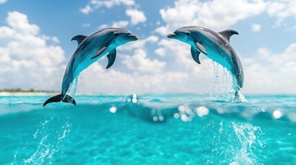 Fototapeta premium A pair of playful dolphins leaping out of the ocean waves in perfect unison, their sleek bodies glistening in the sunlight.
