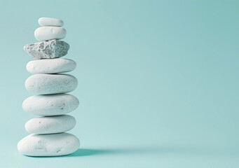 Fototapeta premium Balanced stack of smooth white stones on a soft turquoise background, symbolizing harmony and tranquility. Zen concept with a minimalist aesthetic.