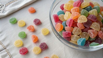 Colorful Sugared Gummy Candies in a Clear Glass Bowl - Vibrant Sweet Treats for Candy Lovers, Perfect for Parties and Celebrations, Ideal for Stock Photos and Food Photography