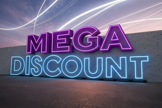 Vibrant neon sign displaying 'Mega Discount' in bold pink and blue letters against a starry night sky backdrop, capturing attention with its bright colors and dynamic light trails. - Powered by Adobe