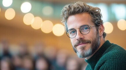 A professor with a warm smile and engaging demeanor leads a lively Q and A session in a university lecture hall, encouraging students to participate and ask thoughtful questions.