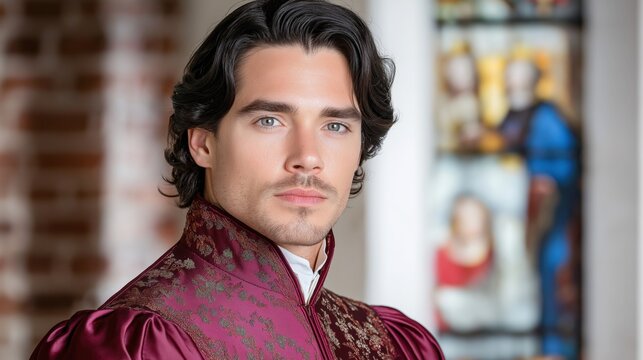 Charming nobleman in historical attire posing indoors