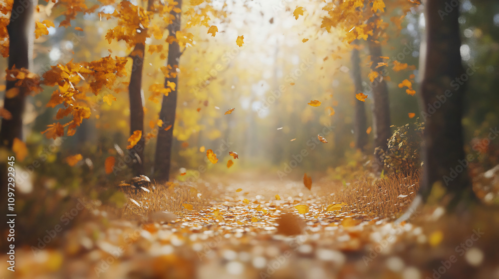 Poster golden leaves falling on a path in a beautiful autumn forest, creating a magical and serene atmosphe