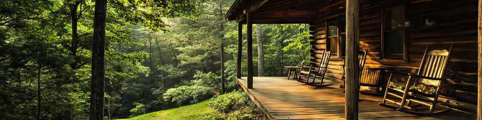 Fototapeta premium A rustic cabin nestled amongst the trees, with a wooden porch and rocking chairs, offering a peaceful retreat to travelers.