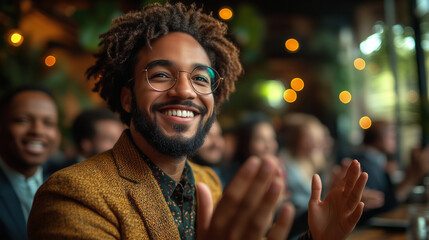 Employees applauding a colleague for their achievements during a small recognition event in the office