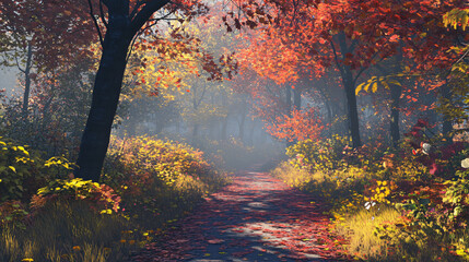 Misty autumn forest with sunlight filtering through, casting a serene and picturesque scene on a colorful path of fallen leaves