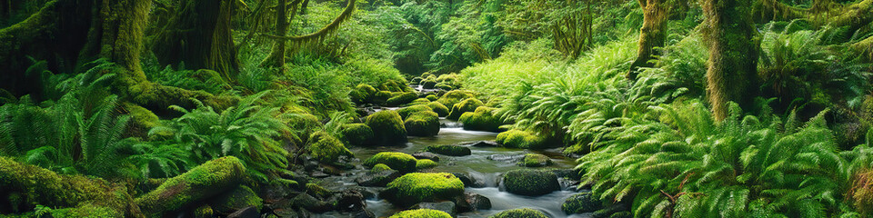 Vibrant Forest: The vivid greens of moss-covered trees and ferns surround a trickling stream, inviting visitors to explore the lush natural beauty of Oregon's forests.
