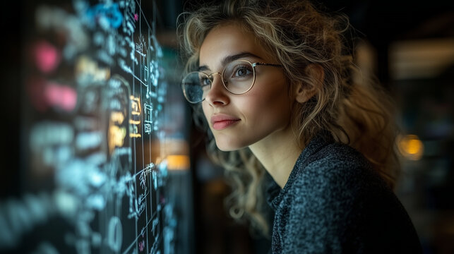 A creative brainstorming session with employees sketching on a transparent glass board in a modern workspace