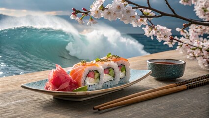 Double Exposure Sushi Delight: A Captivating Blend of Culinary Art and Nature's Beauty