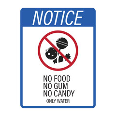Isolated label sign no food, no gum, no candy, water only notice sign