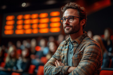 Obraz premium A business leader addressing a team in a stylish auditorium with motivational quotes displayed on a large screen