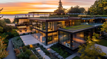 Fototapeta premium Modern Coastal Home at Sunset with Expansive Glass Facades Surrounded by Lush Landscaping and Tranquil Water View