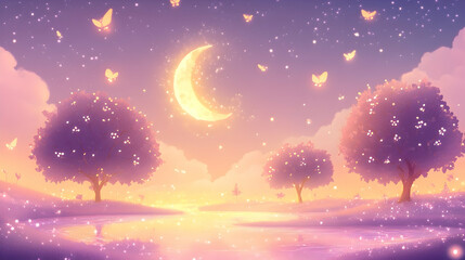 Naklejka premium Magical twilight landscape with crescent moon, glowing trees, butterflies, and sparkling water.