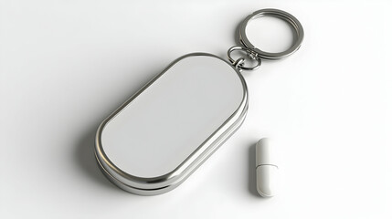 Metal pill case keychain with a single pill on a white background.