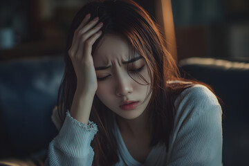 Fototapeta premium Emotional Portrait of a Woman Holding Her Head in a Dimly Lit Living Room