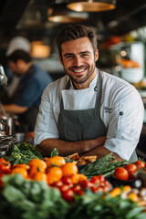 Fototapeta premium Professional chef with bright smile, surrounded by fresh vegetables and fruits, showcasing culinary passion and expertise in vibrant kitchen setting