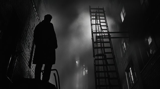 Man Silhouette Stands Alone In Dark Alleyway Near Ladder