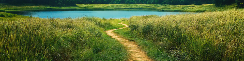 Obraz premium A pristine path through a grassy field, leading to a tranquil lake.