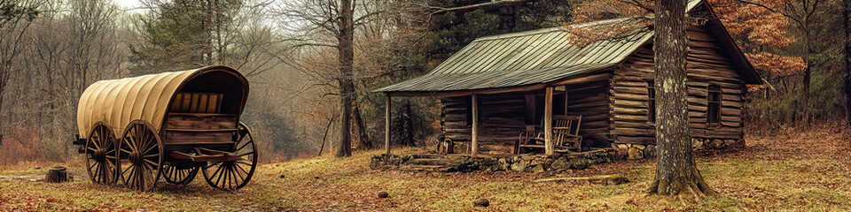 Pioneering Spirits: A vintage covered wagon, parked near a rustic cabin in the woods.
