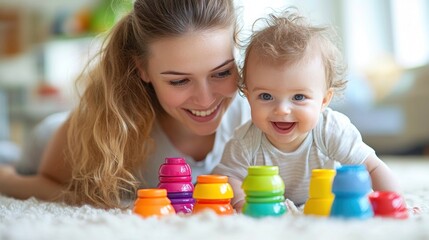 Mother and Baby Playing with Colorful Stacking Toys
