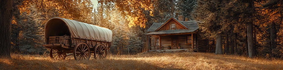 Pioneering Spirits: A vintage covered wagon, parked near a rustic cabin in the woods.