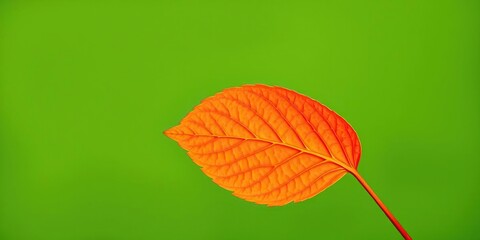 Obraz premium A close-up shot of a single brilliant orange leaf against a muted green background, earthy tones, autumn leaf, macro photography