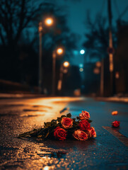 late night city night, street lamp, a huge bouquet of roses lies on the road, huge rose bouquet, lonely and sad emotional atmosphere, wide angle photoing, professional photography,