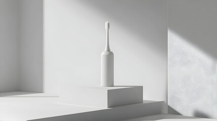 Minimalist product shot of a white electric toothbrush on a white platform, illuminated by sunlight.