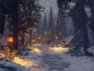 Enchanting Snowy Forest Path, Winter Wonderland
