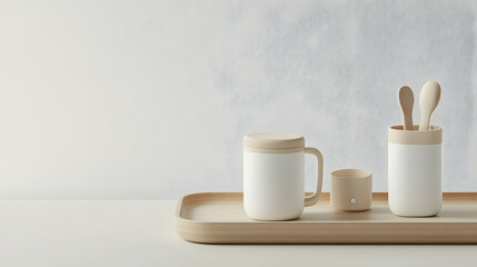 Minimalist scene with wooden tray, mugs, and spoons.