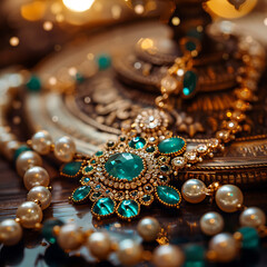 Exquisite Close-Up of Vintage Jewelry Featuring a Stunning Turquoise Pendant Surrounded by Elegant Pearls on an Ornate Background with a Dreamy Bokeh Effect