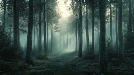 Obraz premium A tranquil forest path enveloped in mist. Tall, slender trees with textured bark rise majestically on either side, their branches forming a canopy overhead. The ground is carpeted with soft, lush gree