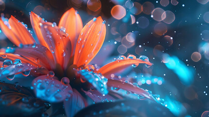 Fototapeta premium Vibrant Flower with Water Droplets Surrounded by Soft Glowing Lights and Bokeh Effect Creating a Dreamy and Magical Atmosphere for Nature and Art Lovers