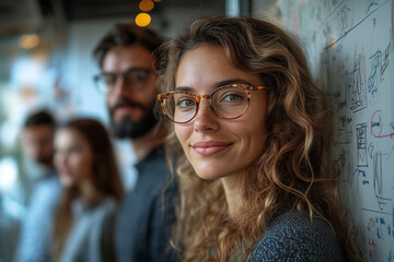 A lively conversation between colleagues standing near a collaborative board filled with sketches and diagrams